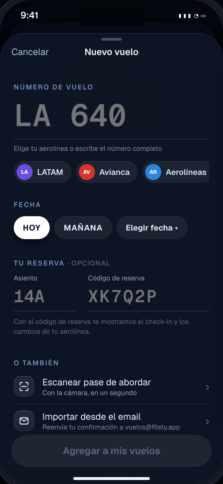Agregar vuelo en Flisty
