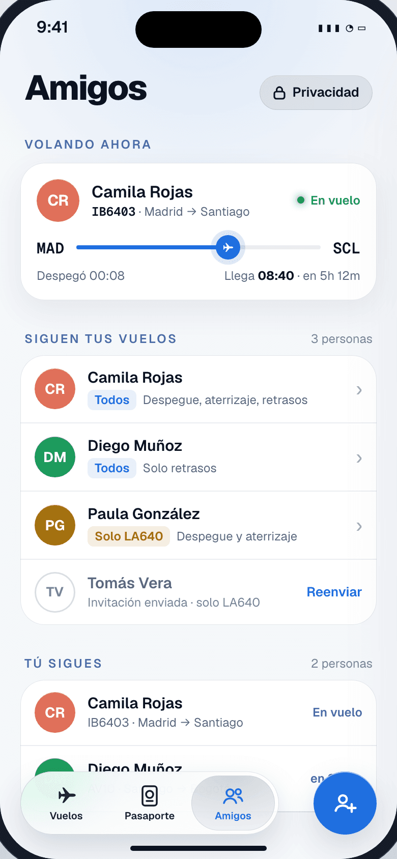 Pantalla de amigos en Flisty con quién sigue tus vuelos